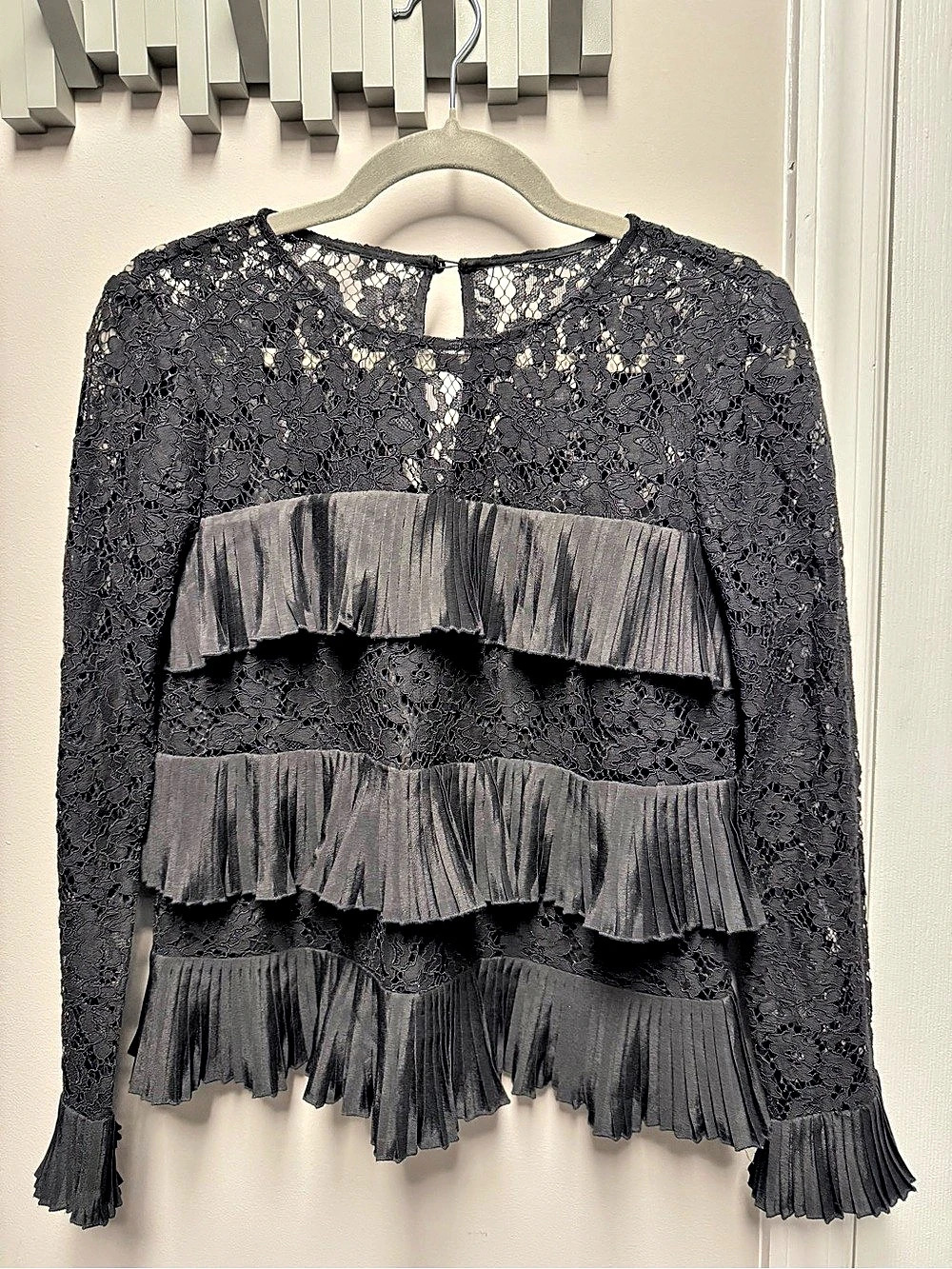 J.Crew Ruffle Pleated Tiered Blouse in Black Lace Black Lace Size 2